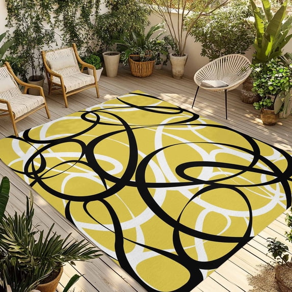 Yellow Geometric Outdoor Rug for Patio/Deck/Porch, Non-Slip Large Area Rug 6 x 9 Ft, Farmhouse Abstract Black White Striped Indoor Outdoor Rugs Washable Area Rugs, Camping Rug Carpet Runner