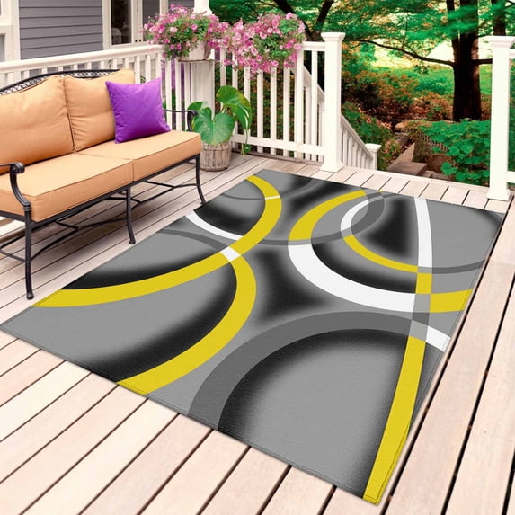 Yellow Geometric Outdoor Rug for Patio/Deck/Porch, Non-Slip Large Area Rug 6 x 9 Ft, Gray Black Retro Abstract Stripes Lines Indoor Outdoor Rugs Washable Area Rugs, Camping Rug Carpet Runner