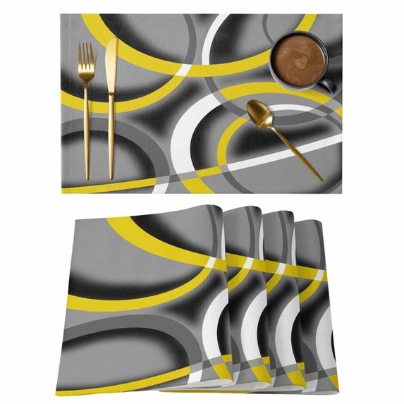 Yellow Geometric Placemats Set of 6, Gray Black Retro Abstract Stripes Lines Placemats for Dining Table, Place Mats for Kitchen Tabletop, Waterproof Wipeable Dining Table Mats Set