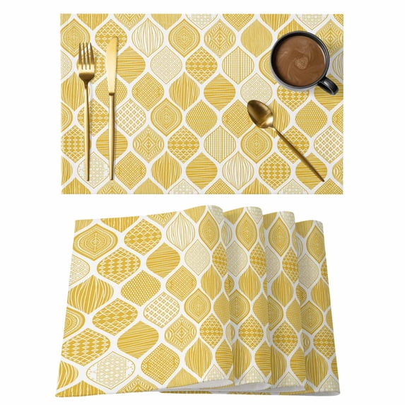 Yellow Geometric Placemats Set of 8, Morocco Modern Abstract Plaid Art Placemats for Dining Table, Place Mats for Kitchen Tabletop, Waterproof Wipeable Dining Table Mats Set