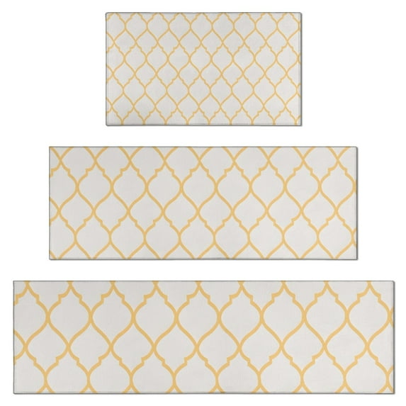 Yellow Geometric Quatrefoil Pattern Kitchen Rugs Sets Of 3,Kitchen Runner Rugs Non Skid Washable,Decorative Kitchen Floor Mats for Kitchen,Sink,Laundry,17"x30"+ 17"x47" + 17"x59"