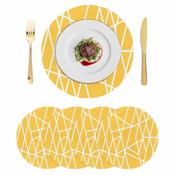 Yellow Geometric Round 15 Inch Placemats Set of 4, Abstract Stripes Modern Minimalist HeatResistant Non Slip Place Mats for Dining Table, Wipeable Braided Kitchen Table Mats for Housewarming