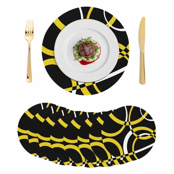 Yellow Geometric Round 15 Inch Placemats Set of 8, Modern Abstract Simple Lines Black HeatResistant Non Slip Place Mats for Dining Table, Wipeable Braided Kitchen Table Mats for Housewarming