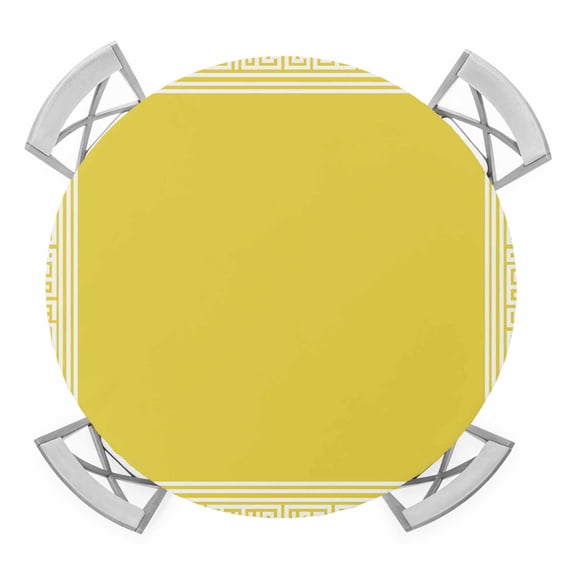 Yellow Geometric Round Fitted Tablecloth with Elastic Edge, Waterproof Table Cloth Table Cover for 36"-44" Tables, White Greek Key Design Abstract Modern Art Tablecloths for Dining Picnic Outdoor