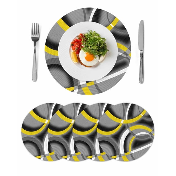 Yellow Geometric Round Placemats Set of 4 for Dinning Tables,Heat-proof Braided Table Mats 13 Inch,Gray Black Retro Abstract Stripes Lines Washable Place Mat for Kitchen Restaurant Party Table Decor