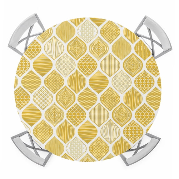 Yellow Geometric Round Tablecloth for 36-44 Inch Tables,Fitted Table Cover with Elastic Edge,Morocco Modern Abstract Plaid Art Waterproof Outdoor Table Cloth Protector for Patio Garden Dinner Picnic