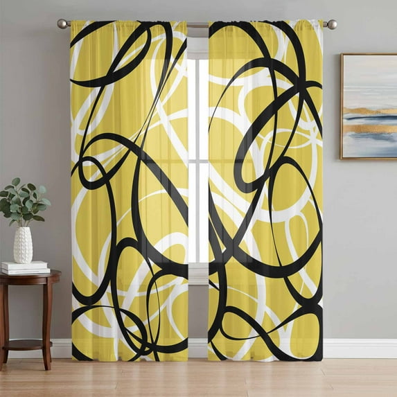 Yellow Geometric Semi Sheer Curtains 96 Inch Length 2 Panels Set, Farmhouse Abstract Black White Striped Sheer Kitchen Curtain Privacy Voile Window Curtain for Living Room Bedroom Rod Pocket Drapes