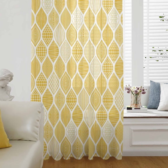 Yellow Geometric Semi Sheer Curtains Drapes for Living Room, Bedroom, French Doors Window 45 Inches Long, Morocco Modern Abstract Plaid Art Rod Pocket Chiffon Curtain Drapery Voile Draperies Panel