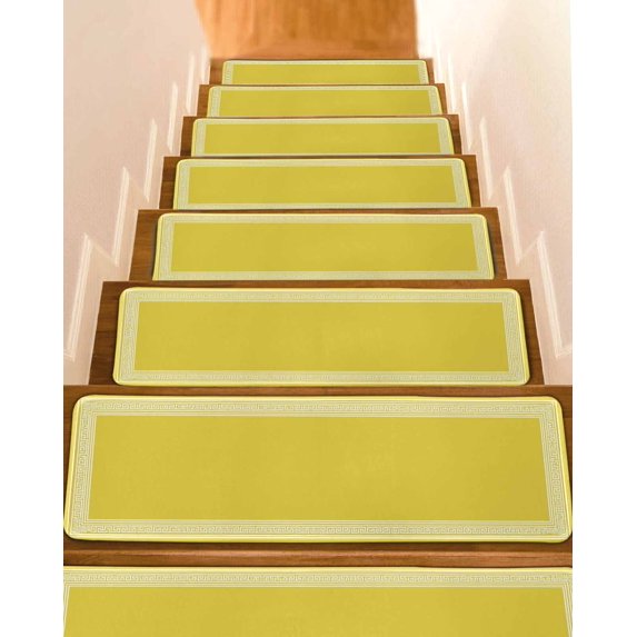 Yellow Geometric Stair Treads Non Slip Indoor for Wooden Steps, White Greek Key Design Abstract Modern Art 10 Pcs Stair Mats for Elders Dogs, 8 x 30 Inch Carpet Treads Runner Rugs for Staircase