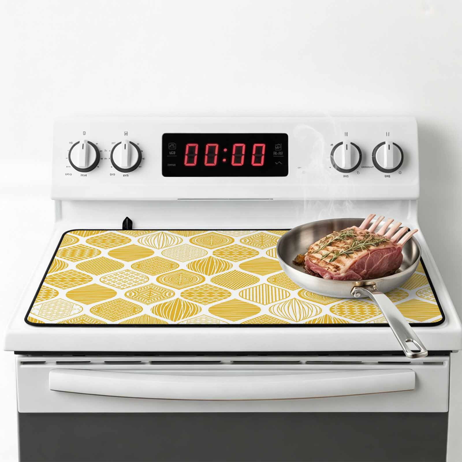 Yellow Geometric Stove Top Cover for Electric Stove, Heat-proof & Non Slip Glass Top Stove Cover Protector, Morocco Modern Abstract Plaid Art Kitchen Flat Cooktop Rubber Mat 24x21 Inches