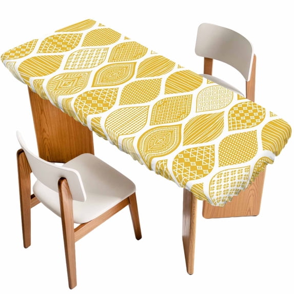 Yellow Geometric Table Cloths for 8 Foot Rectangle Tables, Morocco Modern Abstract Plaid Art Patio Waterproof Elastic Fitted Tablecloths, Washable Rectangular Table Cover for Camping