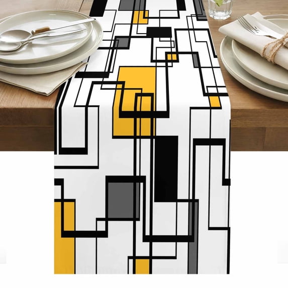 Yellow Geometric Table Runner - 70 Inch Long, Kitchen Dining Table Runner Dresser Scarves, Modern Minimalist Black Abstract Art Farmhouse Decor for Coffee Tables Wedding Party Banquet