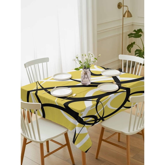 Yellow Geometric Tablecloth Rectangle Table Cloth 60x84, Waterproof Tablecloth Outdoor Table Cloth, Farmhouse Abstract Black White Striped Washable Table Cover for Kitchen Dinning Party