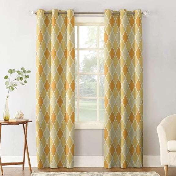 Yellow Geometric Texture Blackout Window Curtain, Vintage Moroccan Pattern 3D Printed Blackout Curtains, Darkening Thermal Insulated Drapes For Bedroom Living Room 53"W x 96"L (Pack of 2)