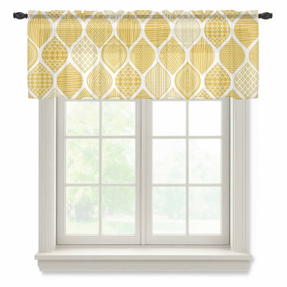 Yellow Geometric Valance Curtains for Kitchen/Living Room/Bathroom/Bedroom Window, Rod Pocket Small Topper Half Short Window Curtains Voile Sheer Scarf, Morocco Modern Abstract Plaid Art 54"x18"
