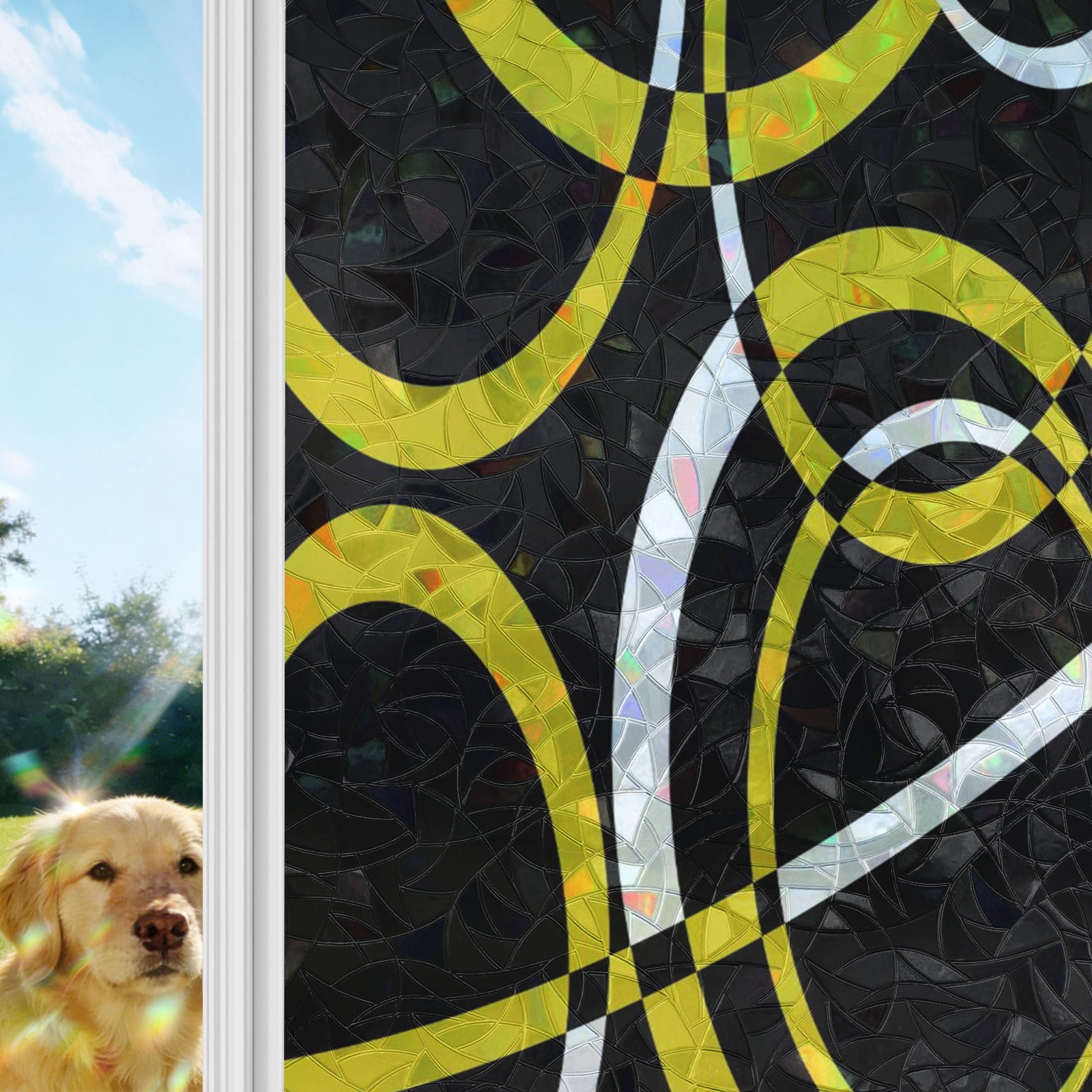 Yellow Geometric Window Privacy Film Stain Glass,Reusable Decorative Rainbow Window Film,Modern Abstract Simple Lines Black Static Cling Sun Blocking Stickers Decals Covers 29.5" x 78.7" (2pcs)