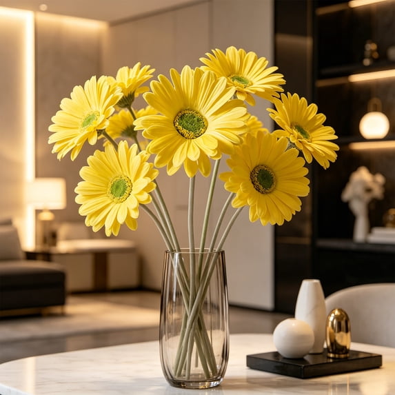 Yellow Gerbera Daisy, Bright Real Touch Artificial Flower with Bendable Stalks, Vivid Floral Decor, Cheerful Arrangement for Home Wedding Party Vase Table Display, 15.16*3.35in