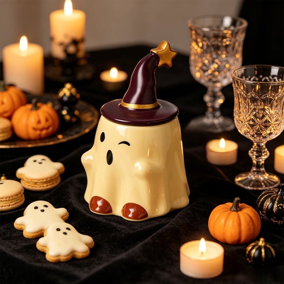 Yellow Ghost Mug with Lid, 450ml Halloween Ceramic Drinking Cup & Spooky Gift