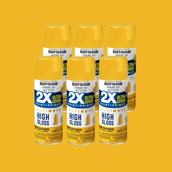 6 Pack, Yellow Ginger Rust-Oleum American Accents 2X Ultra Cover Hi-Gloss Spray Paint-344692, 12 oz