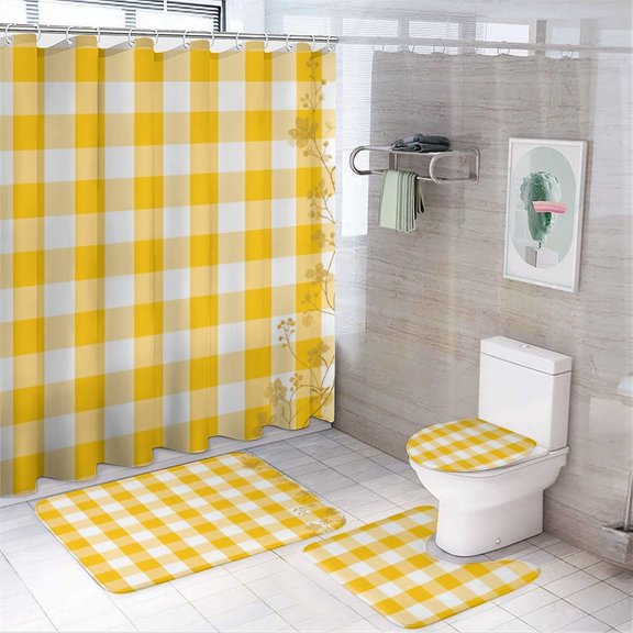 Yellow Gingham Check Pattern Shower Curtain Waterproof Bathroom Curtain Set 4pcs with Hooks Rugs Mat Bathroom Curtains Home Decor