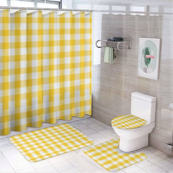 Yellow Gingham Check Tablecloth Shower Curtain Waterproof Bathroom Curtain Set with Hooks Home Decor Bathroom Curtains 4pcs