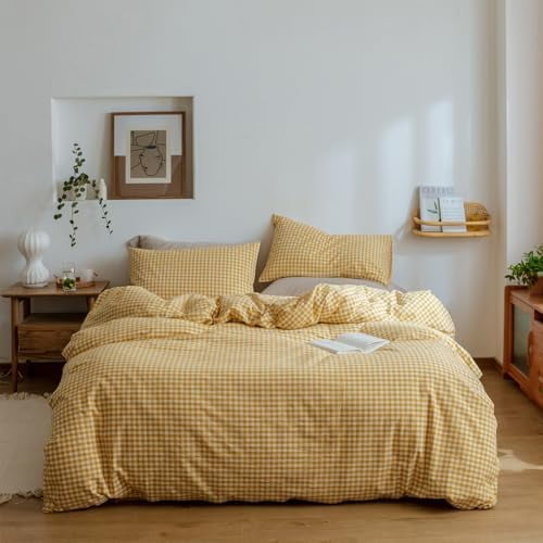 Yellow Gingham Comforter Set Twin XL, Plaid Comforter Set 3 Pieces 1 Yellow Grid Comfoter with 2 Pillow Cases for All Seasons, Soft Fluffy Modern Grid Pattern Printed Bedding-Twin XL Size