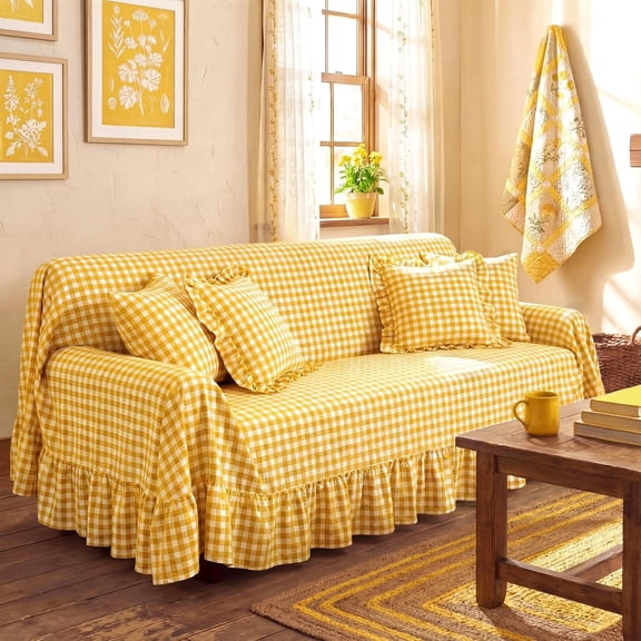 Yellow Gingham Couch Cover with Ruffle, 118" w x 71" h | Farmhouse Sofa Slipcover, One Piece Cotton Sofa Cover for 3 Seat, Washable, Living Room French Country Decor