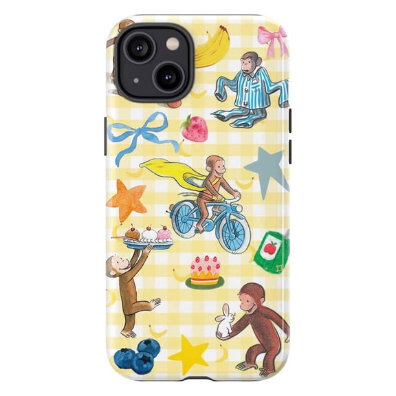 Yellow Gingham Curious George Phone Case with Bicycles and Strawberries, Protective Cover Compatible with iPhone 17, 16, 15, 14, 13, 12, 11, Pro Max, Plus, Mini