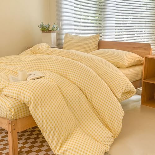 Yellow Gingham Duvet Cover Set King, Grid Simple Geometric Square Pattern Comforter Cover,Soft Plaid Washed Microfiber Bedding Cover(3PCS,King)