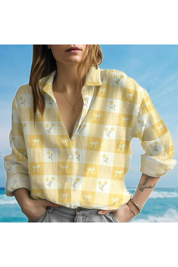 Yellow Gingham Floral Bow Blouse, Cute Button Up Women, Summer Cottagecore Top, Lightweight Vintage Women Shirt, Birthday Gift For Her