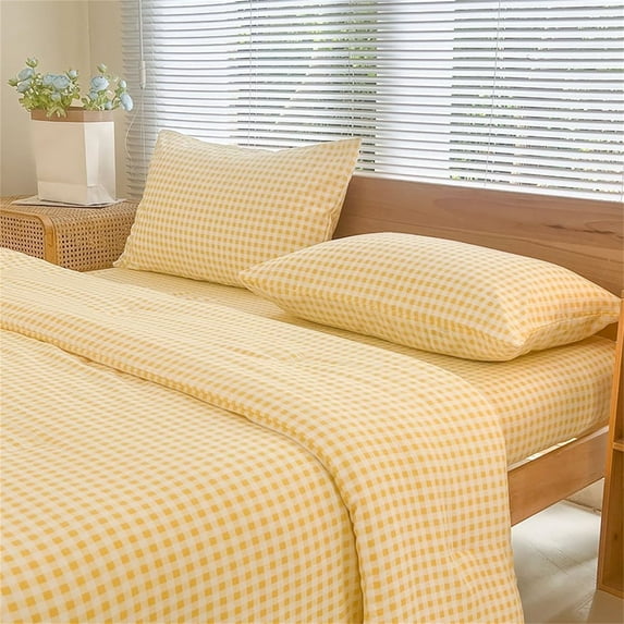 Yellow Gingham King Comforter Set, Yellow Plaid Bedding Set, Checked Bed Comforter 3 Pieces(Yellow Gingham, King)