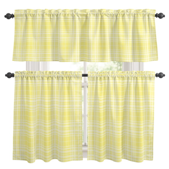 Yellow Gingham Kitchen Curtains and Valances Set, Country Farmhouse Classic Stripe Plaid Checkered 3 Piece Curtains Valances and Tiers Set Rod Pocket for Kitchen Bathroom Windows 36 Inch