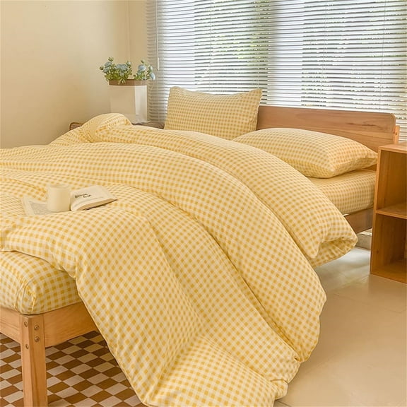 Yellow Gingham Queen Duvet Cover Set, Yellow Plaid Comforter Cover Set, 3 Pieces Checked Bedding Set (Yellow Gingham, Queen)
