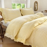 Yellow Gingham Ruffle Duvet Cover Twin Size, 2 Pieces Soft Pre-Washed Microfiber Checked Plaid Comforter Cover Set, Vintage Farmhouse Bedding Set(Yellow Gingham, Twin 68"x90")