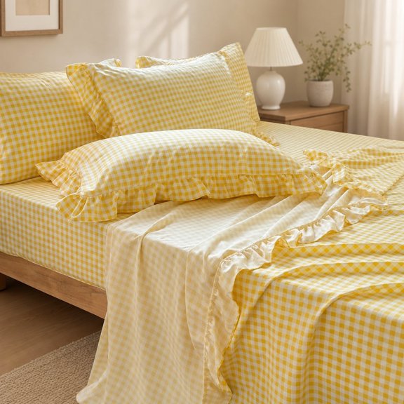 Yellow Gingham Ruffle Full Sheet Set, Soft Pre-Washed Microfiber Plaid Sheets, 4-Piece Farmhouse Deep Pocket Bedding Set