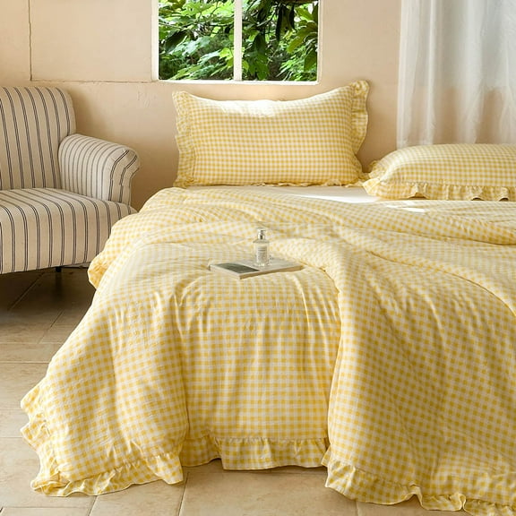 Yellow Gingham Ruffle Queen Comforter Set, Yellow Ruffled Plaid Bedding Set, Ruffled Checked Bed Comforter 3 Pieces(Yellow Gingham, Queen)