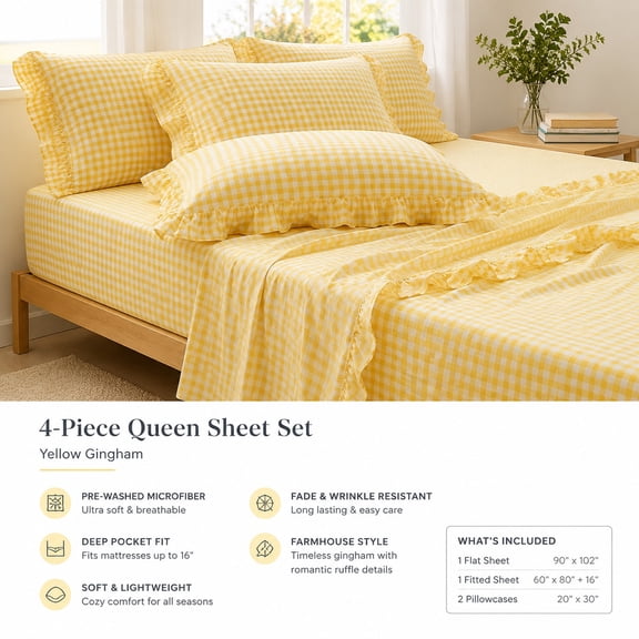 Yellow Gingham Ruffle Queen Sheet Set, Soft Pre-Washed Microfiber Plaid Queen Bed Sheets, 4-Piece Deep Pocket Farmhouse Bedding
