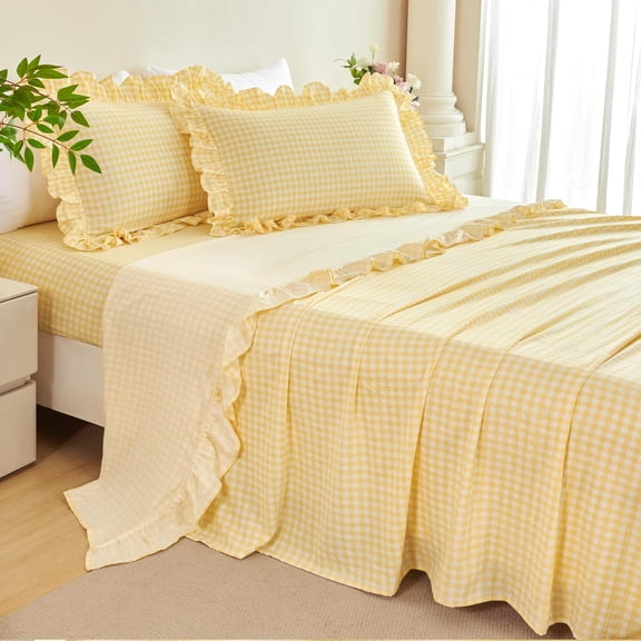 Yellow Gingham Ruffle Sheet Set Full 4Pcs Plaid Bed Sheet Set | Shabby Farmhouse Butter Yellow Checkered Bed Sheets Pre-Washed Microfiber Grid Fitted Sheet with 16" Deep Pockets