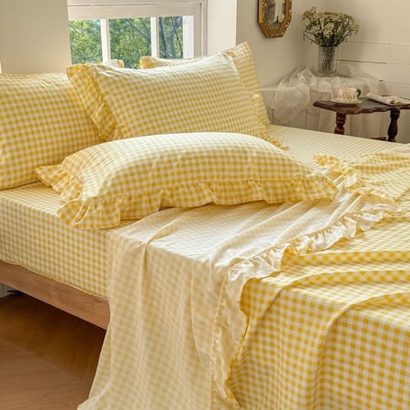 Yellow Gingham Ruffle Twin Sheet Set, Soft Pre-Washed Microfiber Plaid Ruffled Twin Bed Sheets, 3-Pieces Farmhouse Sheet Set with Deep Pocket