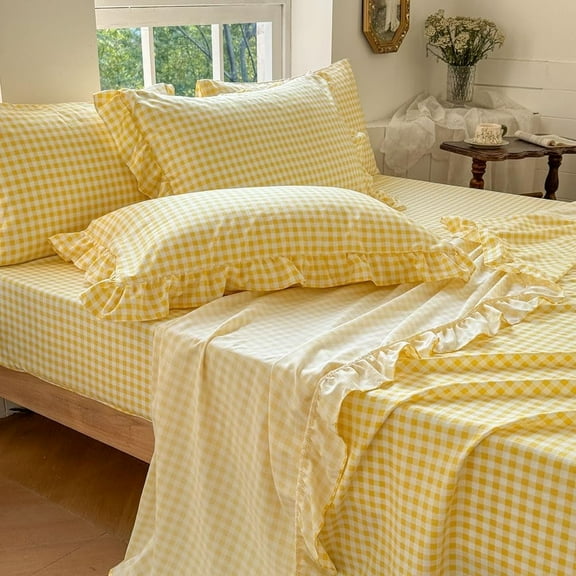 Yellow Gingham Ruffle Twin Sheet Set, Soft Pre-Washed Microfiber Plaid Ruffled Twin Bed Sheets, 3-Pieces Farmhouse Sheet Set with Deep Pocket