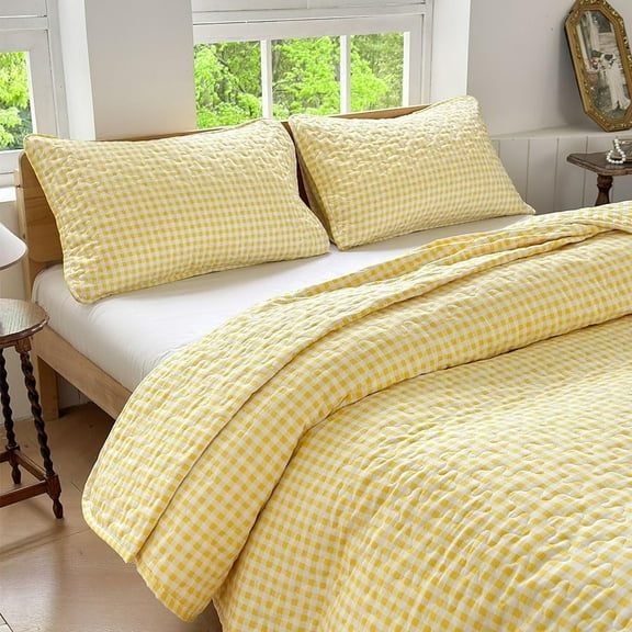 Yellow Gingham Twin Quilt Set, Soft Pre-Washed Microfiber Plaid Twin Bedspread, Lightweight Checked Summer Quilt, Grid Bedding Coverlets for All Seasons (Includes 1 Quilt, 1 Pillow Sham)