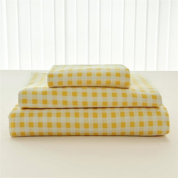 Yellow Gingham Twin Sheet Set, Soft Brushed Microfiber Yellow Plaid Twin Bed Sheets, 3-Pieces Yellow Checked Sheet Set with Deep Pocket