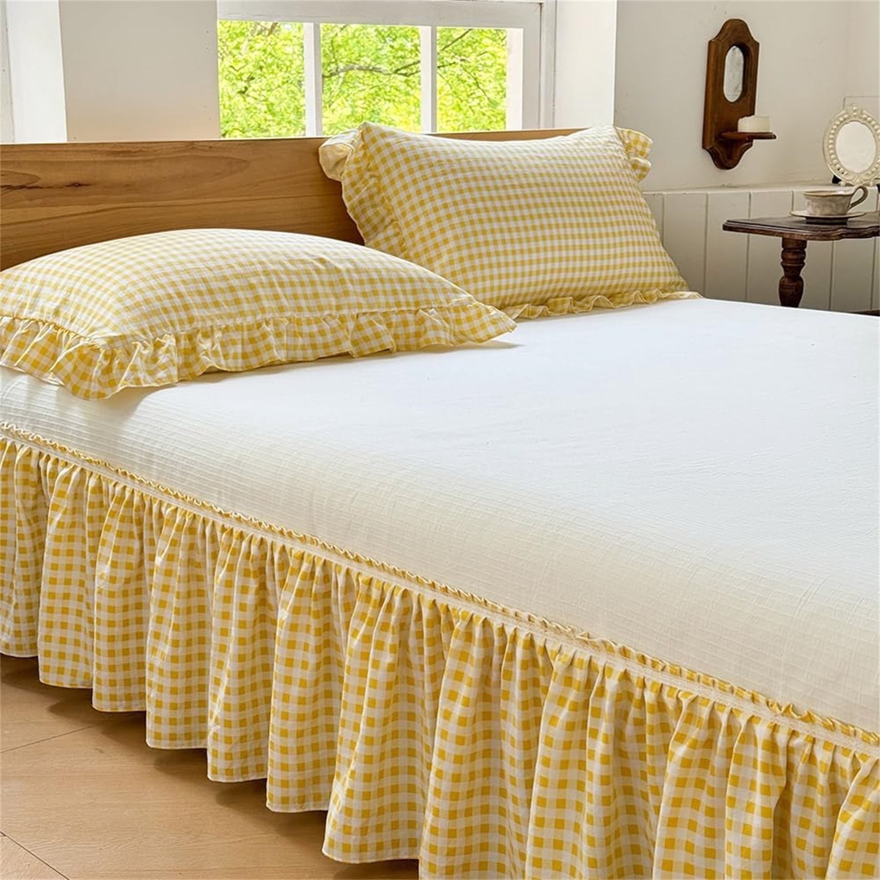 Yellow Ruffle Frame Yellow Gingham Wrap Around Ruffled Bed Skirt with Lace Decor, Plaid ...