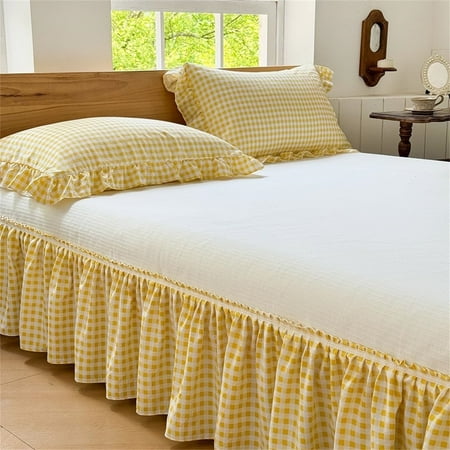 Yellow Gingham Wrap Around Ruffled Bed Skirt with Lace Decor, Plaid Grid Adjustable Elastic Dust Ruffles for Queen Bed, 15 Inch Drop Farmhouse Cottage Pleated Bed Frame Cover(Yellow Gingham, Queen) price history and forecast - NSNLGSGC