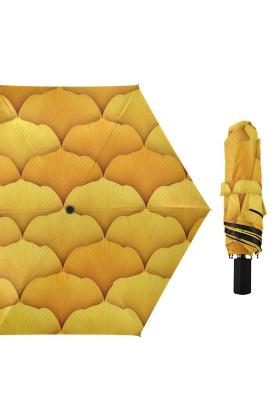 Yellow Ginkgo Leaves All Weather Umbrella Triple Folding Parasol 6 Ribs UV Protection Portable