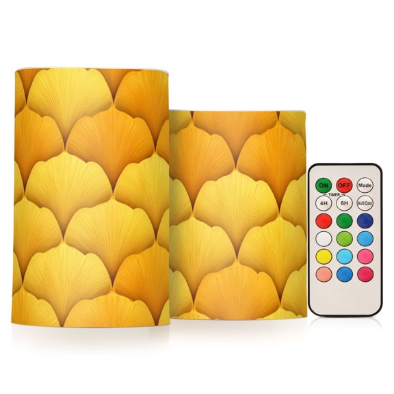 Yellow Ginkgo Leaves Flickering Flameless Candles LED Tealight Battery Operated with Remote Set of 2 Holiday Decor Ornaments