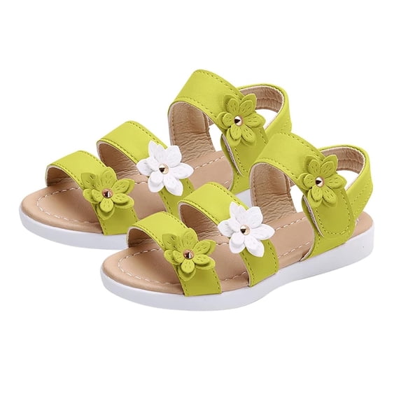 Yellow Girls' Outdoor Footwear With Roman Style And Three-Flower Details, Designed For Play With Durable Materials And Construction