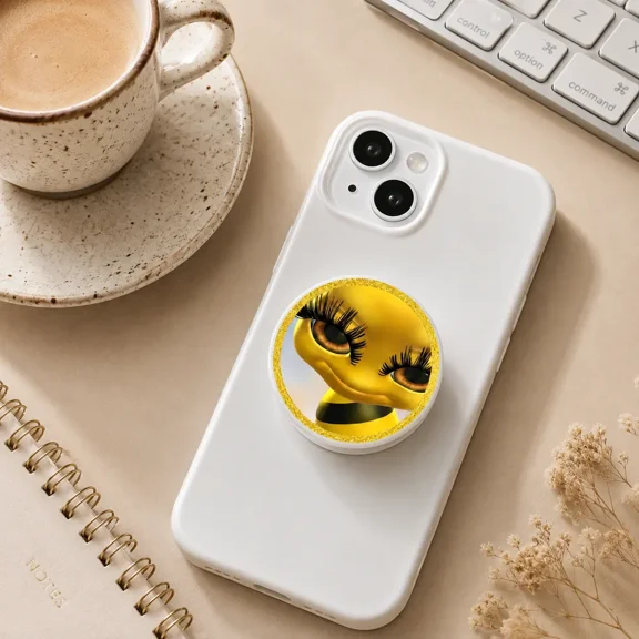 Yellow Glam Duck Phone Grip, Cute Round Phone Holder, Funny Eyelash Duck Phone Stand, Trendy Phone Accessory Gift