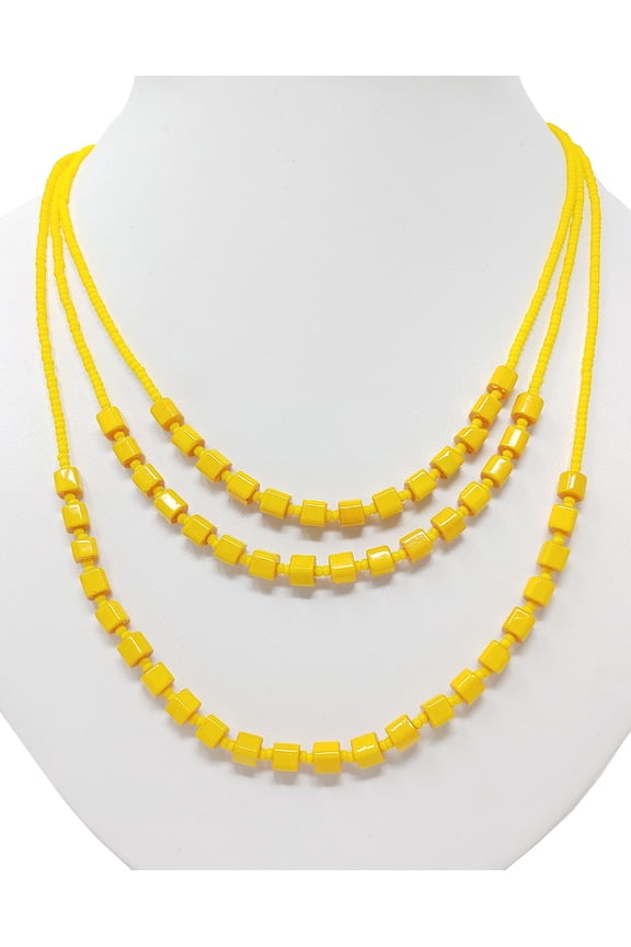 Yellow Glass Beaded Necklace Multi Strand Chunky Design Women Fashion Statement Necklace