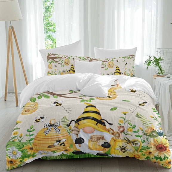 Yellow Gnome Honeycomb Queen Size Comforter Set, Vintage Yellow Sunflower Bee Honey Bedding for All Seasons, 4 Pcs Bed Set, 1Quiltcover (90"x92") ,1Sheet(94"x116"), 2Pillowcases (30"x20")